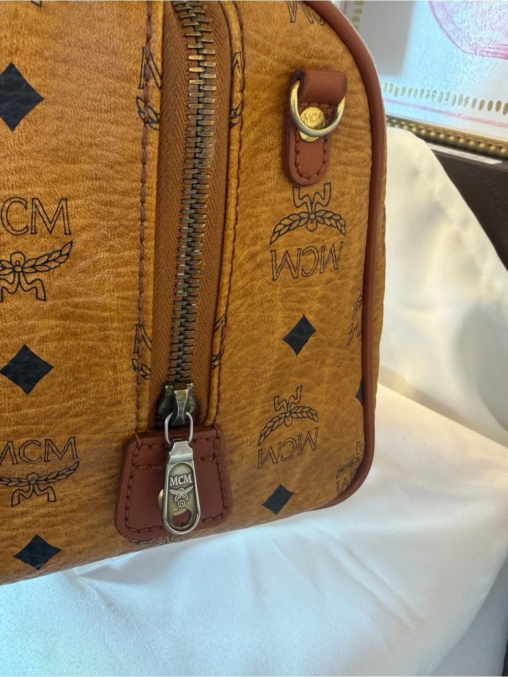 MCM Cognac Visetos Satchel with Tan Trim and Gold Hardware